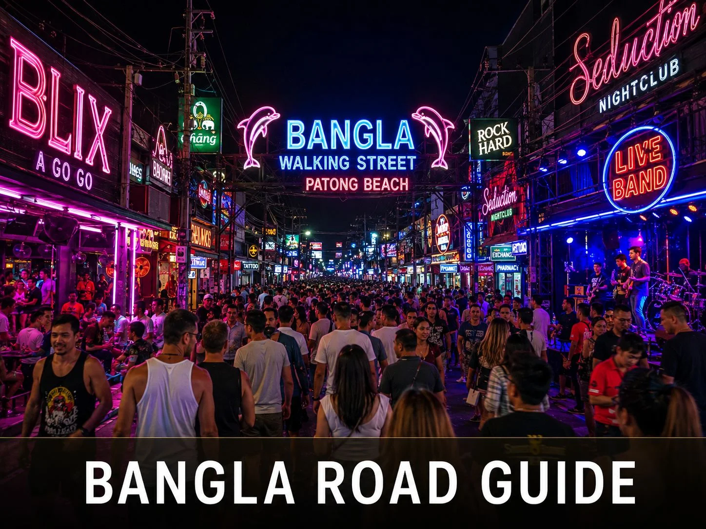 Bangla Road Patong lit up at night with neon signs, bars, and crowds of tourists