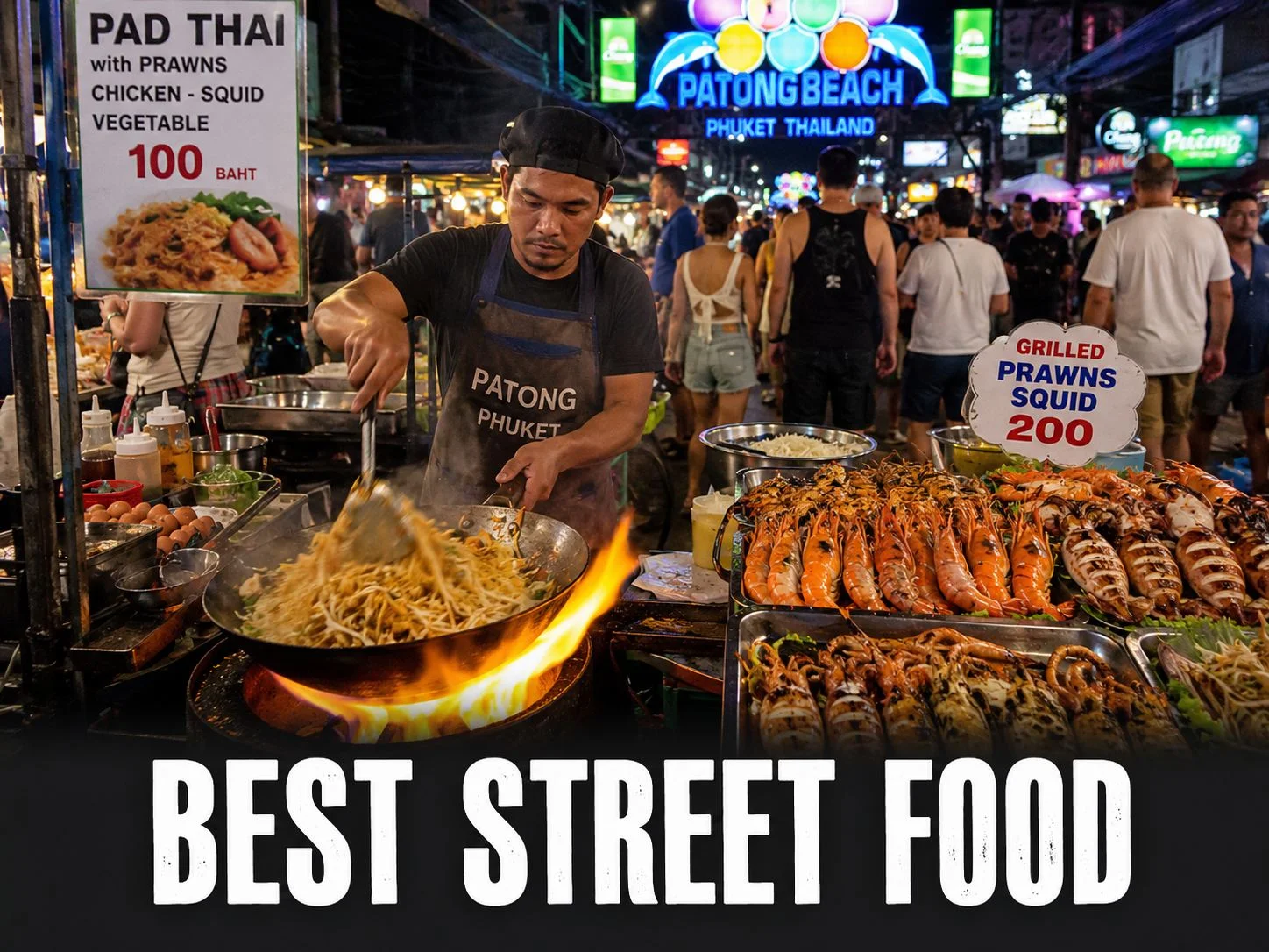 Colourful street food stalls and dishes at Patong Beach Phuket night market