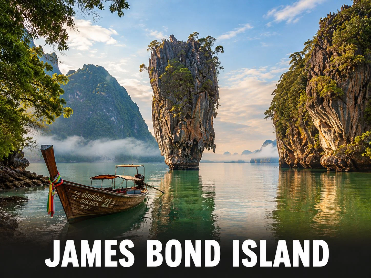 Khao Phing Kan limestone karst tower rising from Phang Nga Bay on a James Bond Island day trip from Phuket
