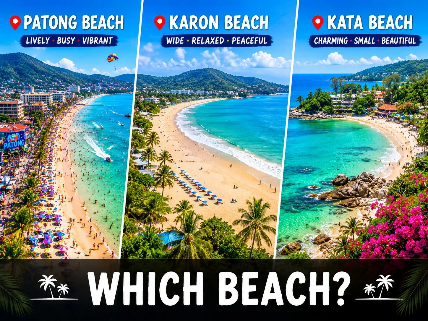 Aerial view comparing Patong, Karon and Kata beaches along Phuket's west coast