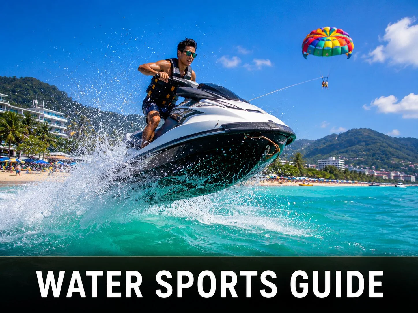 Jet skis and parasailing at Patong Beach Phuket with clear blue water and mountains in the background