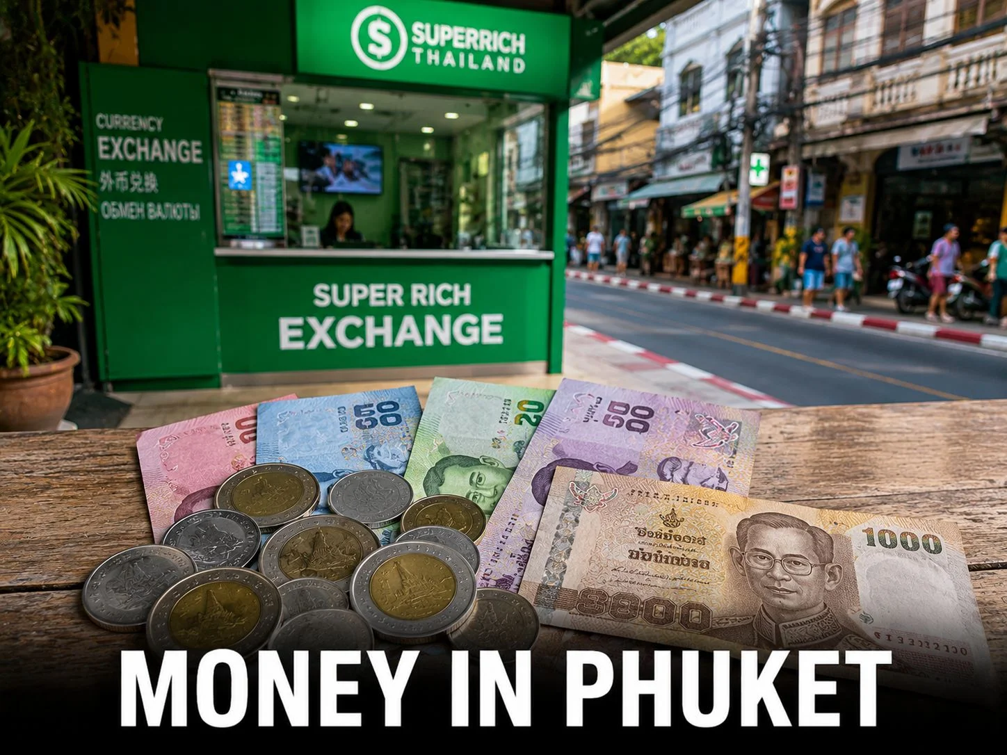 Thai Baht banknotes and coins with ATM machine at Patong Beach Phuket