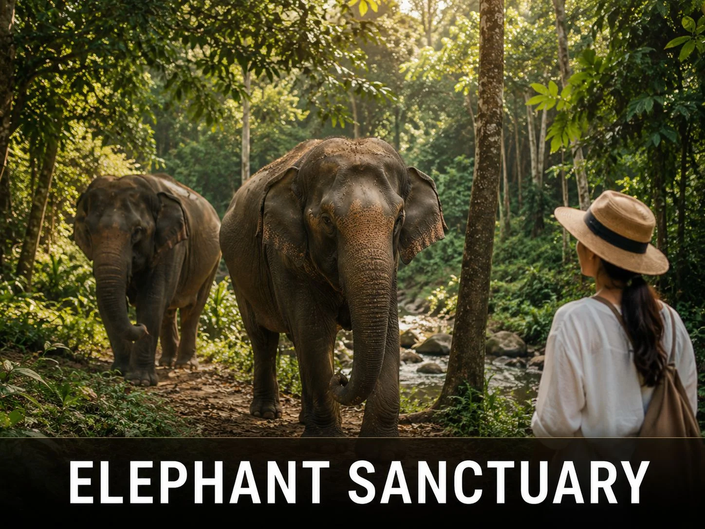 Rescued elephants roaming freely at an ethical elephant sanctuary in Phuket, Thailand