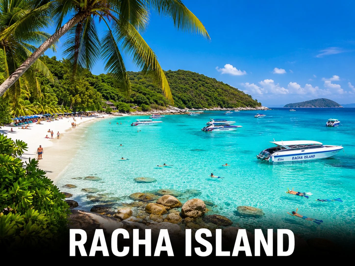 Crystal-clear turquoise waters and white sandy beach at Racha Island, Phuket