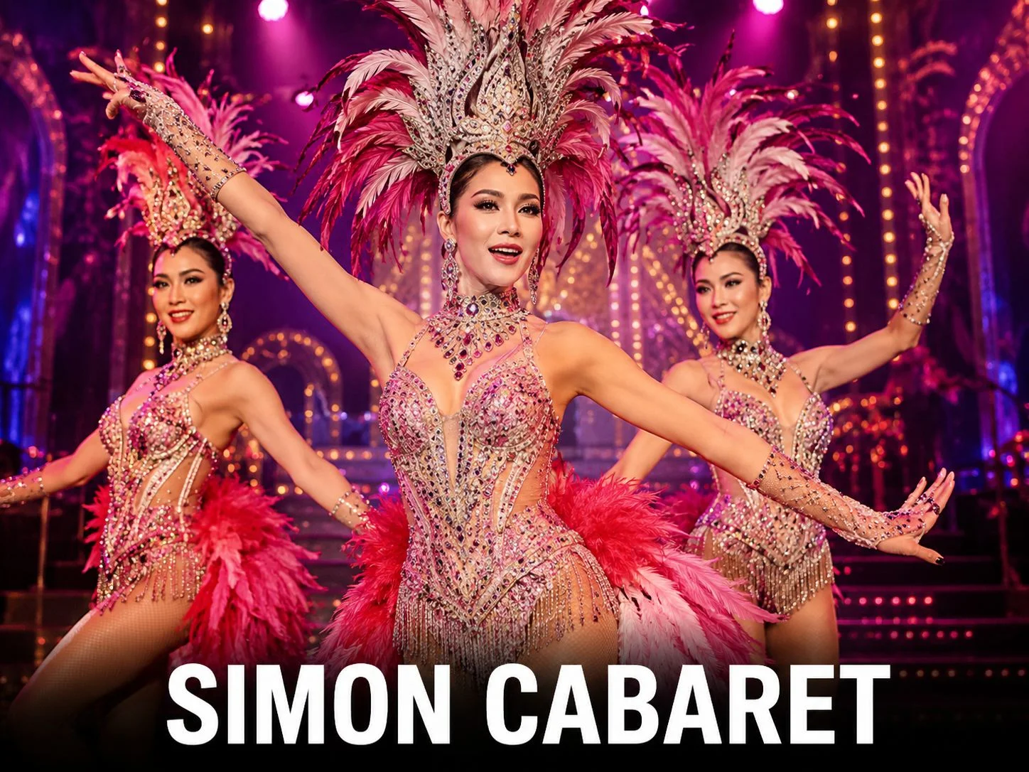 Colourful performers on stage at Simon Cabaret Phuket in dazzling costumes