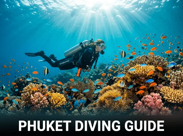 Scuba diver swimming over vibrant coral reef at Similan Islands Phuket