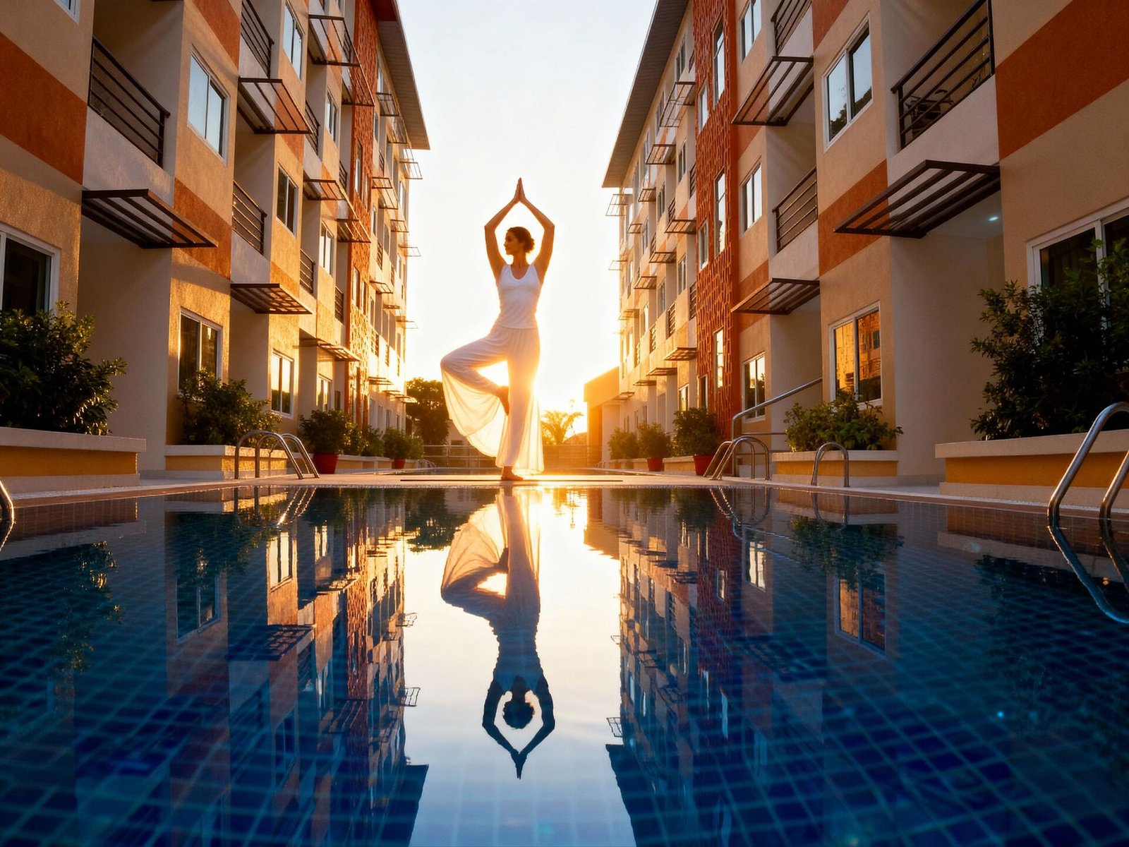 Guest in yoga pose by the pool, Andatel Grande